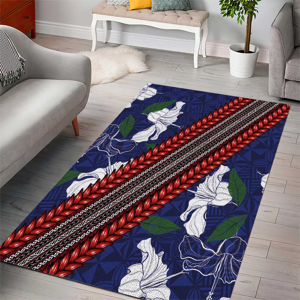 Samoan Culture Area Rug Hibiscus and Ula Fala with Tapa Pattern Blue Color LT03 - Polynesian Pride
