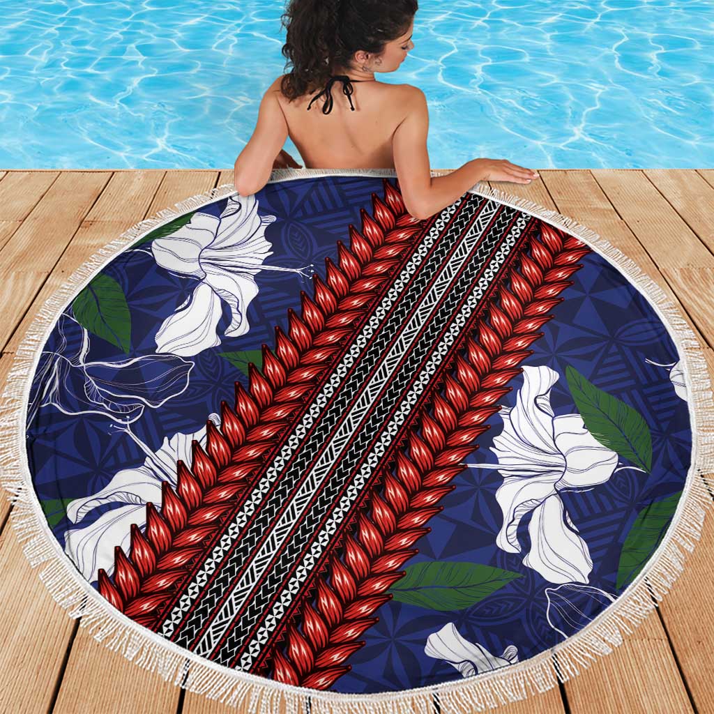 Samoan Culture Beach Blanket Hibiscus and Ula Fala with Tapa Pattern Blue Color LT03 - Polynesian Pride