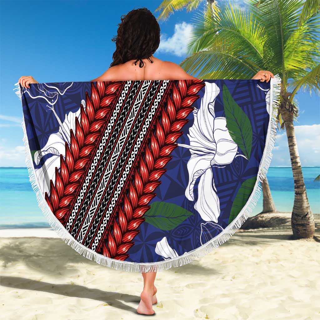 Samoan Culture Beach Blanket Hibiscus and Ula Fala with Tapa Pattern Blue Color LT03 - Polynesian Pride