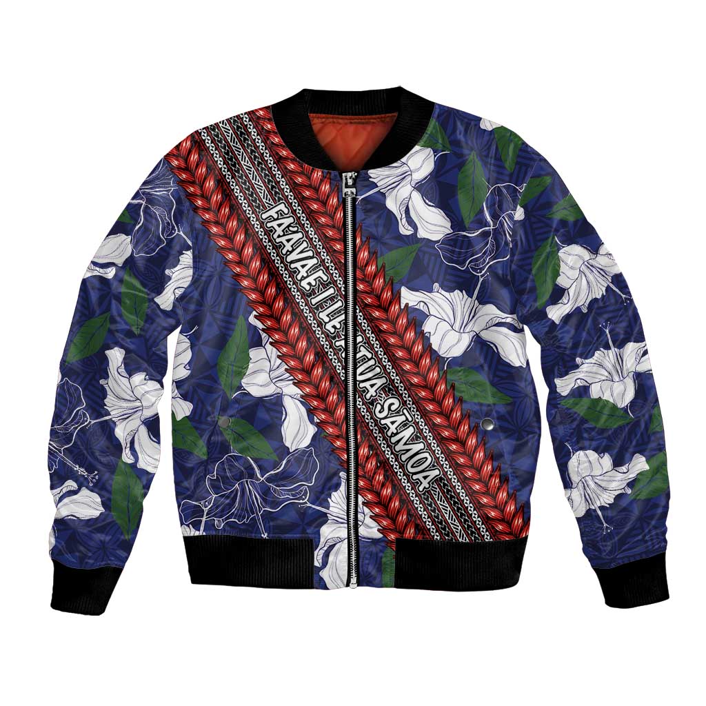 Samoan Culture Bomber Jacket Hibiscus and Ula Fala with Tapa Pattern Blue Color LT03 Unisex Blue - Polynesian Pride