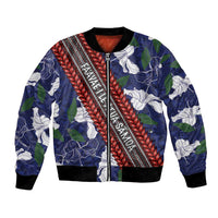 Samoan Culture Bomber Jacket Hibiscus and Ula Fala with Tapa Pattern Blue Color LT03 Unisex Blue - Polynesian Pride