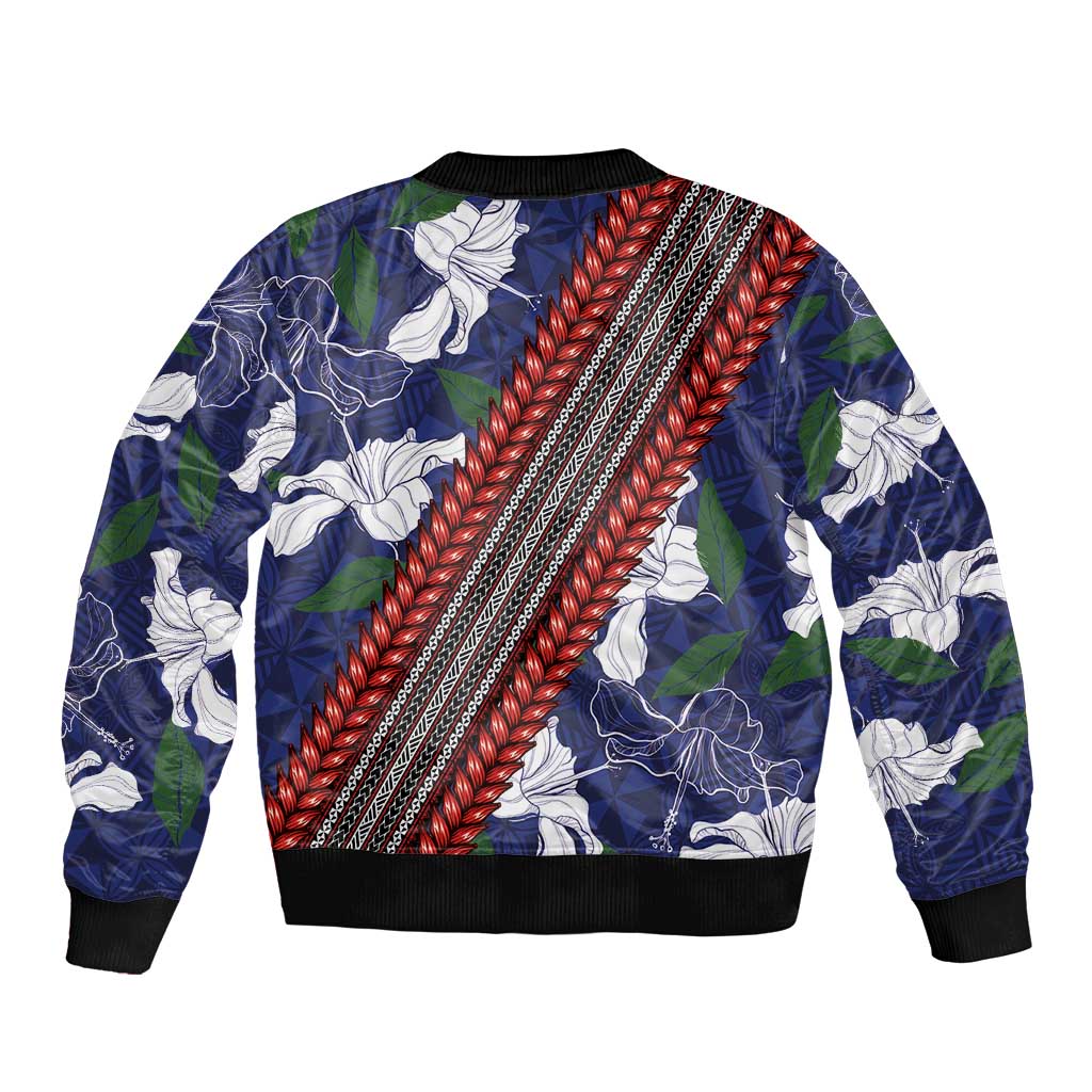 Samoan Culture Bomber Jacket Hibiscus and Ula Fala with Tapa Pattern Blue Color LT03 - Polynesian Pride