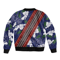 Samoan Culture Bomber Jacket Hibiscus and Ula Fala with Tapa Pattern Blue Color LT03 - Polynesian Pride