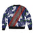 Samoan Culture Bomber Jacket Hibiscus and Ula Fala with Tapa Pattern Blue Color