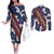 Samoan Culture Couples Matching Off The Shoulder Long Sleeve Dress and Long Sleeve Button Shirt Hibiscus and Ula Fala with Tapa Pattern Blue Color