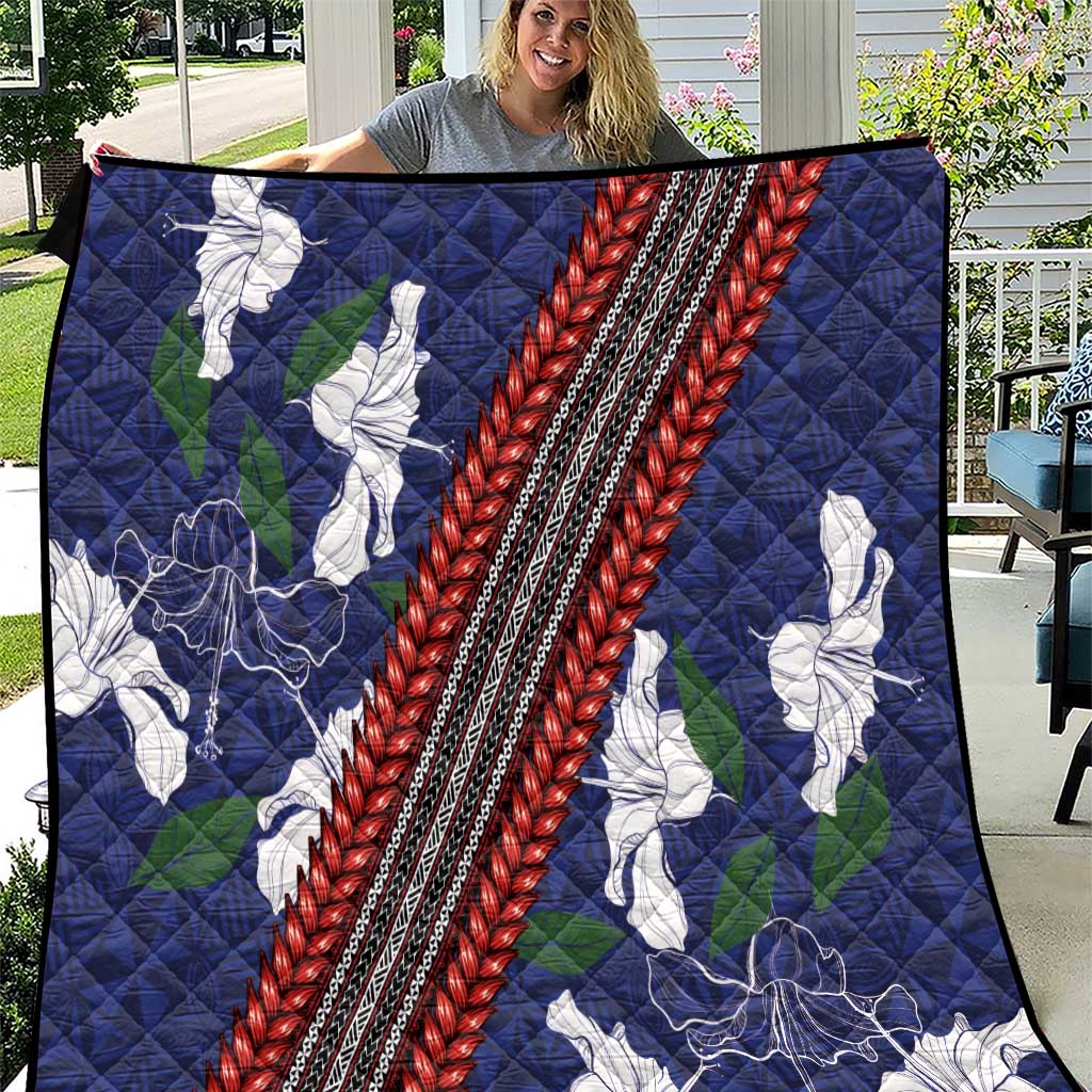 Samoan Culture Quilt Hibiscus and Ula Fala with Tapa Pattern Blue Color LT03 Blue - Polynesian Pride