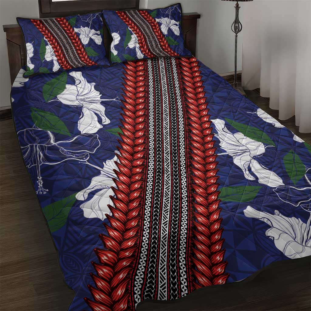 Samoan Culture Quilt Bed Set Hibiscus and Ula Fala with Tapa Pattern Blue Color LT03 Blue - Polynesian Pride