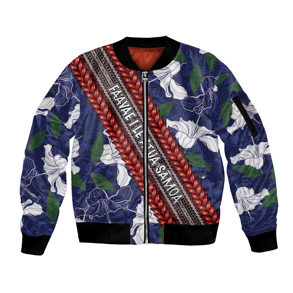 Samoan Culture Sleeve Zip Bomber Jacket Hibiscus and Ula Fala with Tapa Pattern Blue Color LT03 Unisex Blue - Polynesian Pride