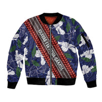 Samoan Culture Sleeve Zip Bomber Jacket Hibiscus and Ula Fala with Tapa Pattern Blue Color LT03 Unisex Blue - Polynesian Pride