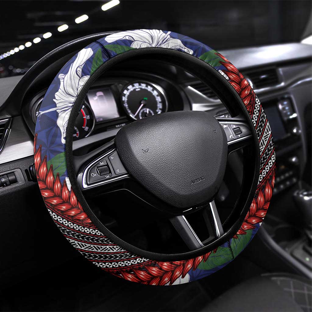 Samoan Culture Steering Wheel Cover Hibiscus and Ula Fala with Tapa Pattern Blue Color