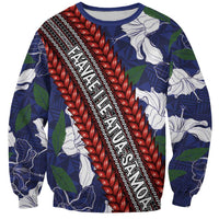 Samoan Culture Sweatshirt Hibiscus and Ula Fala with Tapa Pattern Blue Color LT03 Unisex Blue - Polynesian Pride