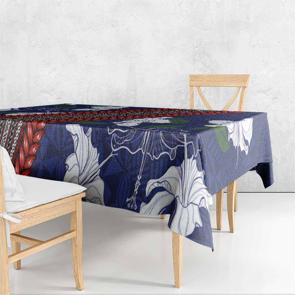 Samoan Culture Tablecloth Hibiscus and Ula Fala with Tapa Pattern Blue Color LT03 - Polynesian Pride