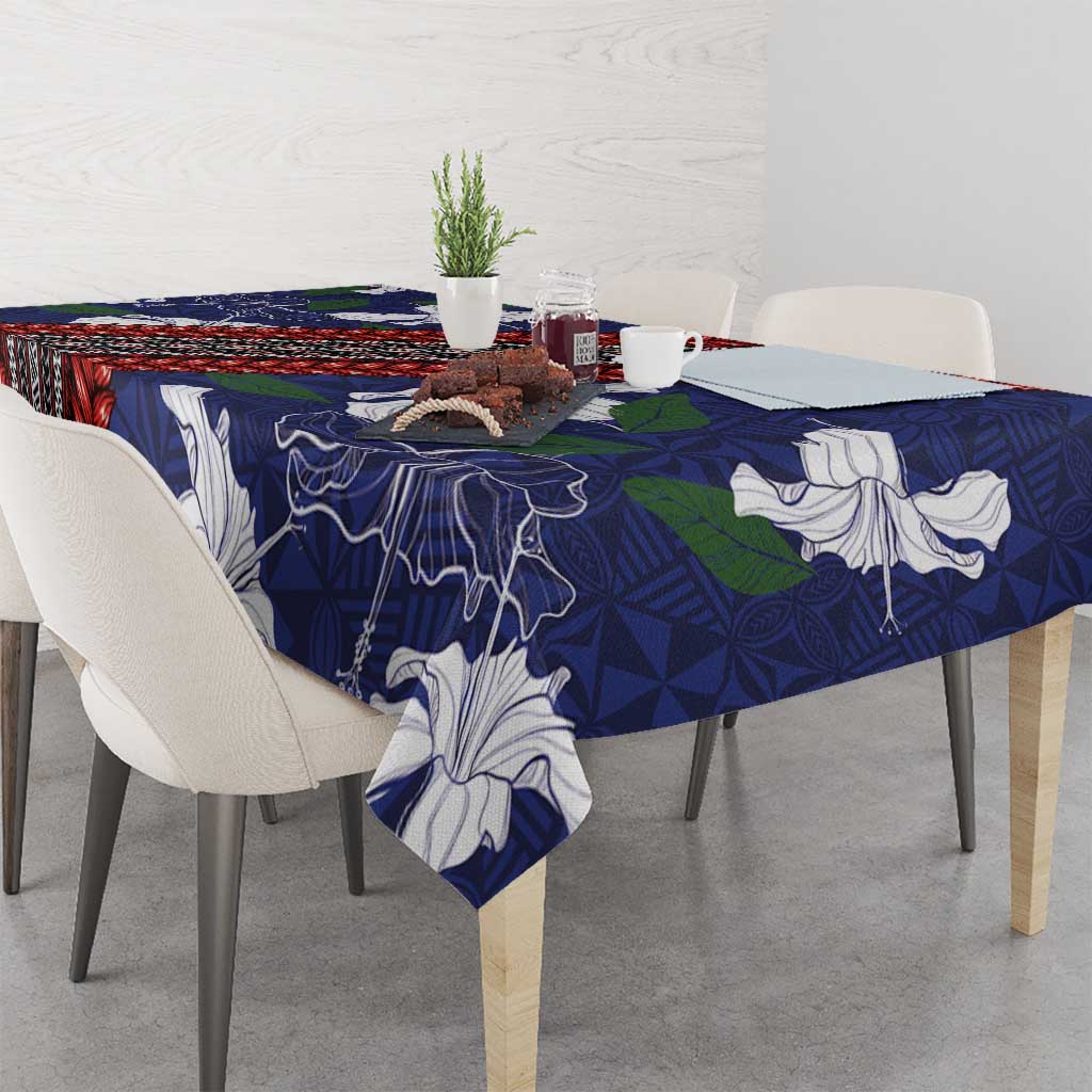 Samoan Culture Tablecloth Hibiscus and Ula Fala with Tapa Pattern Blue Color LT03 - Polynesian Pride