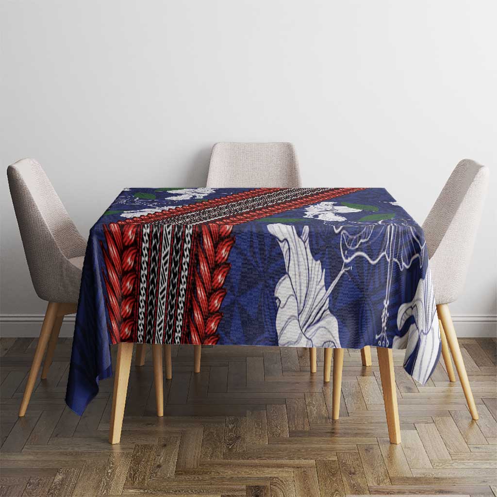 Samoan Culture Tablecloth Hibiscus and Ula Fala with Tapa Pattern Blue Color LT03 - Polynesian Pride