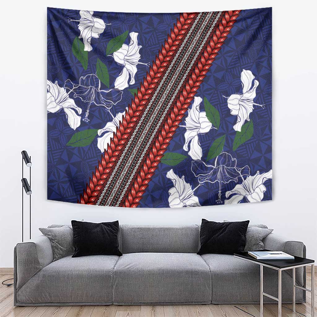 Samoan Culture Tapestry Hibiscus and Ula Fala with Tapa Pattern Blue Color LT03 Blue - Polynesian Pride