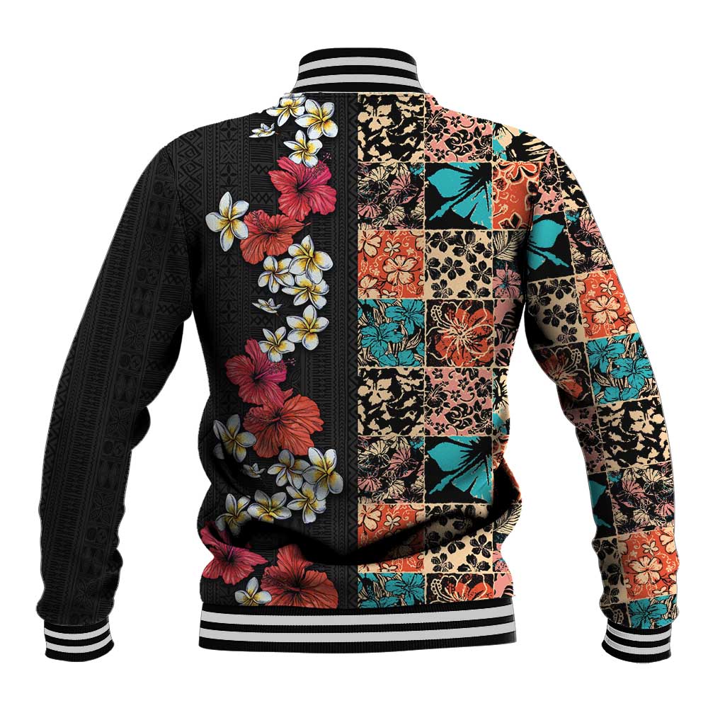 Hawaiian Hibiscus and Tropical Leaves Baseball Jacket Patchwork Grunge Abstract Vintage Style LT03 - Polynesian Pride