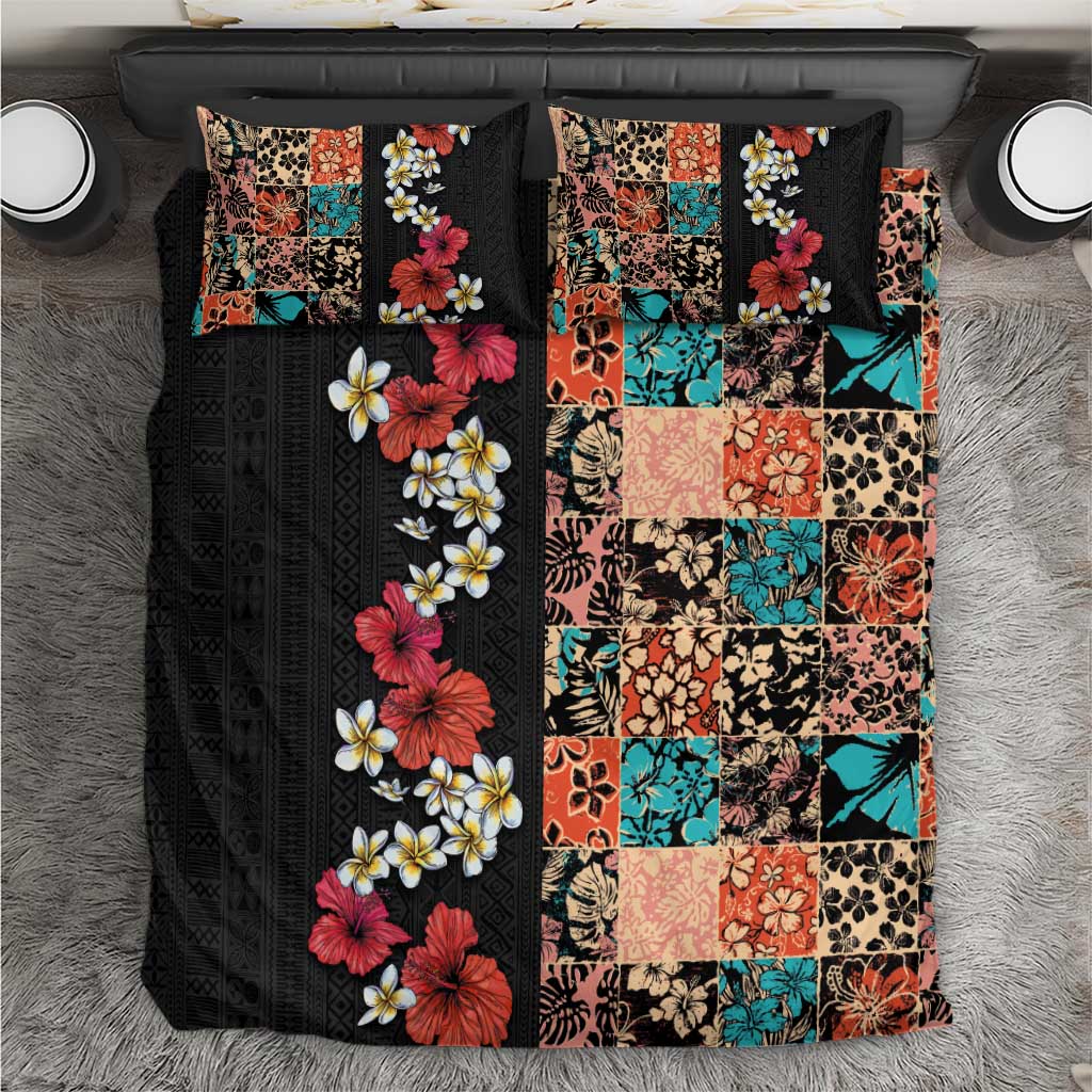 Hawaiian Hibiscus and Tropical Leaves Bedding Set Patchwork Grunge Abstract Vintage Style LT03 Black - Polynesian Pride