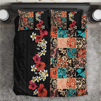 Hawaiian Hibiscus and Tropical Leaves Bedding Set Patchwork Grunge Abstract Vintage Style LT03 Black - Polynesian Pride