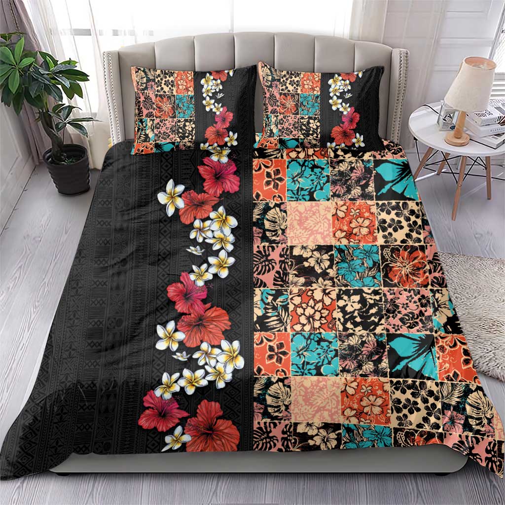 Hawaiian Hibiscus and Tropical Leaves Bedding Set Patchwork Grunge Abstract Vintage Style LT03 - Polynesian Pride
