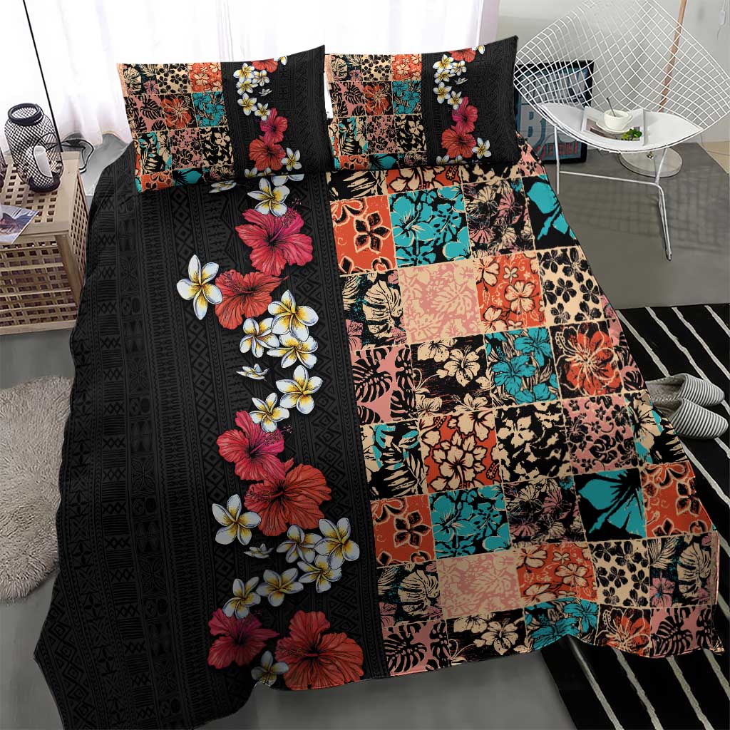 Hawaiian Hibiscus and Tropical Leaves Bedding Set Patchwork Grunge Abstract Vintage Style LT03 - Polynesian Pride