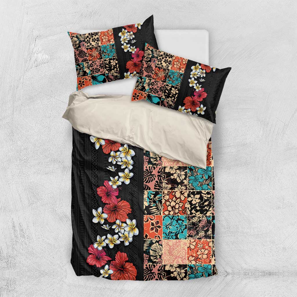 Hawaiian Hibiscus and Tropical Leaves Bedding Set Patchwork Grunge Abstract Vintage Style LT03 US Twin 172cm x 218cm Black - Polynesian Pride