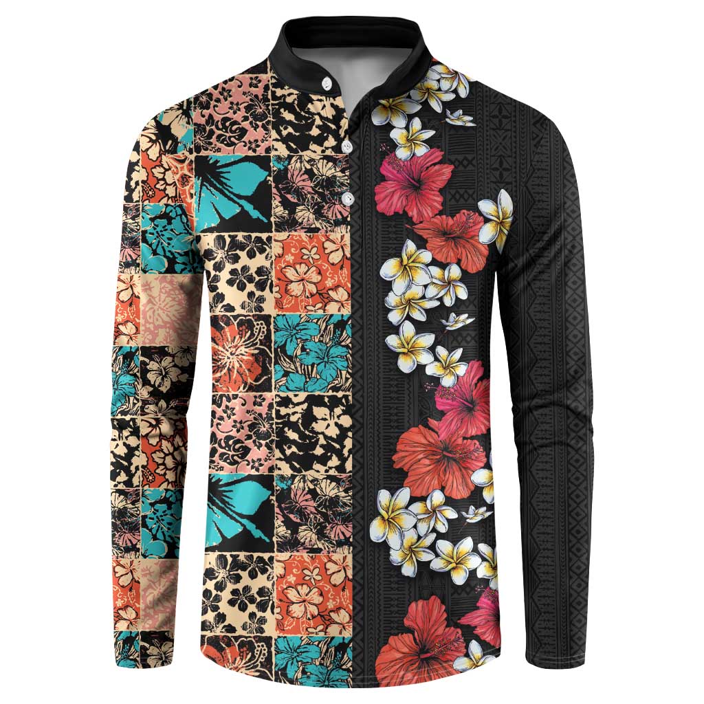 Hawaiian Hibiscus and Tropical Leaves Button Sweatshirt Patchwork Grunge Abstract Vintage Style LT03 Black - Polynesian Pride