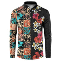Hawaiian Hibiscus and Tropical Leaves Button Sweatshirt Patchwork Grunge Abstract Vintage Style LT03 Black - Polynesian Pride