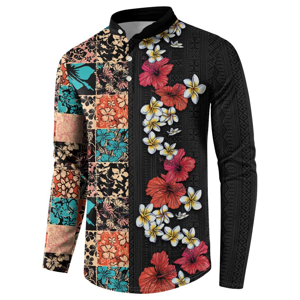 Hawaiian Hibiscus and Tropical Leaves Button Sweatshirt Patchwork Grunge Abstract Vintage Style LT03 - Polynesian Pride