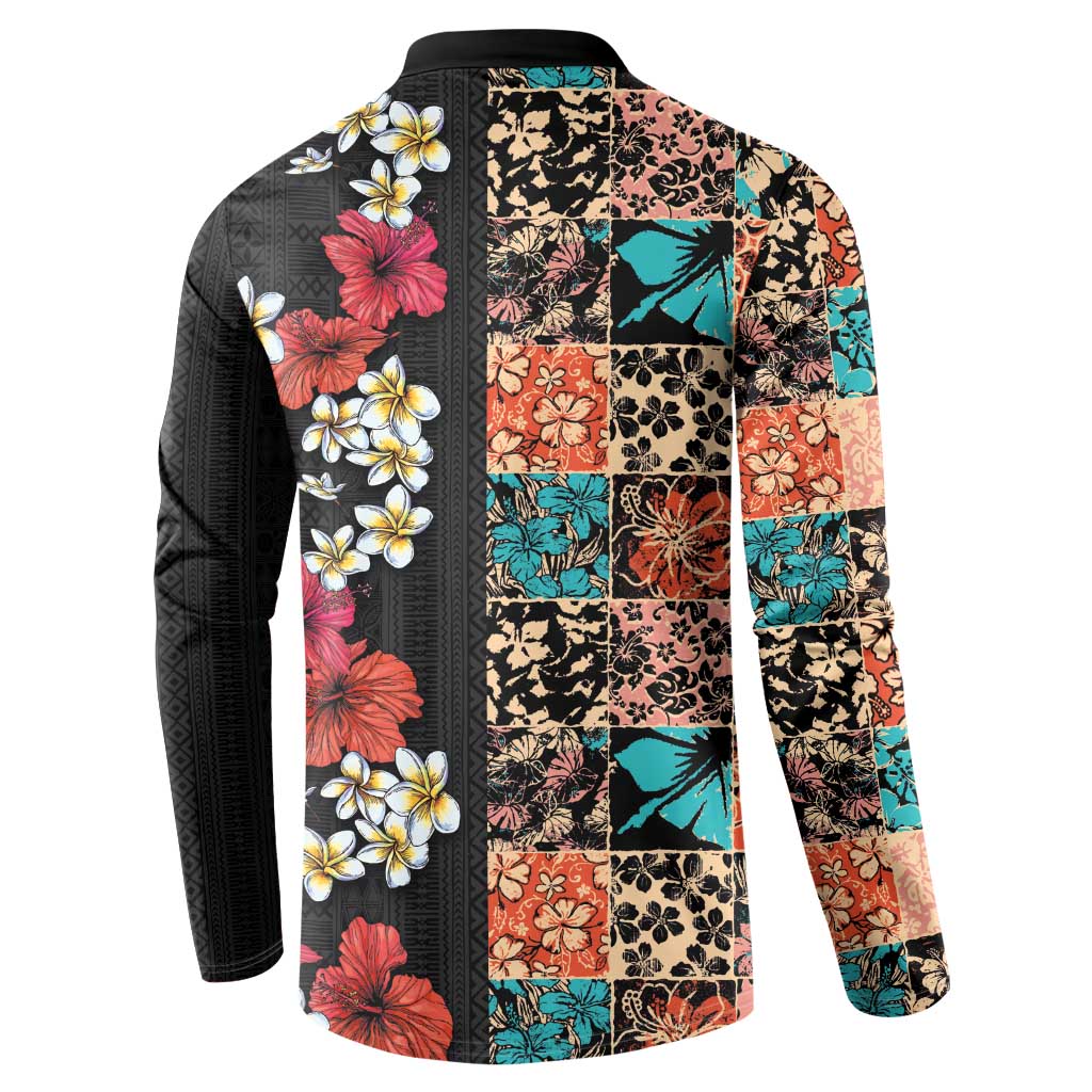 Hawaiian Hibiscus and Tropical Leaves Button Sweatshirt Patchwork Grunge Abstract Vintage Style LT03 - Polynesian Pride