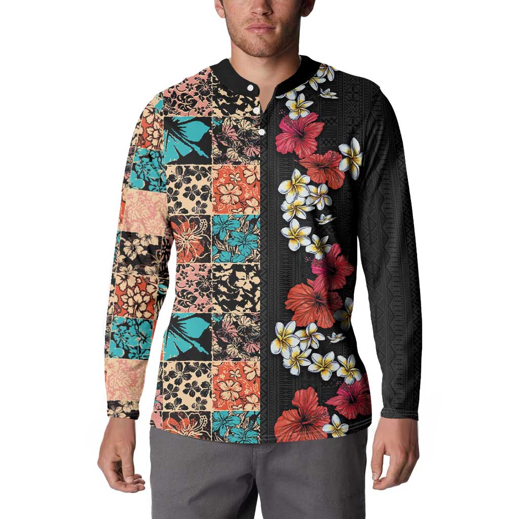 Hawaiian Hibiscus and Tropical Leaves Button Sweatshirt Patchwork Grunge Abstract Vintage Style LT03 - Polynesian Pride