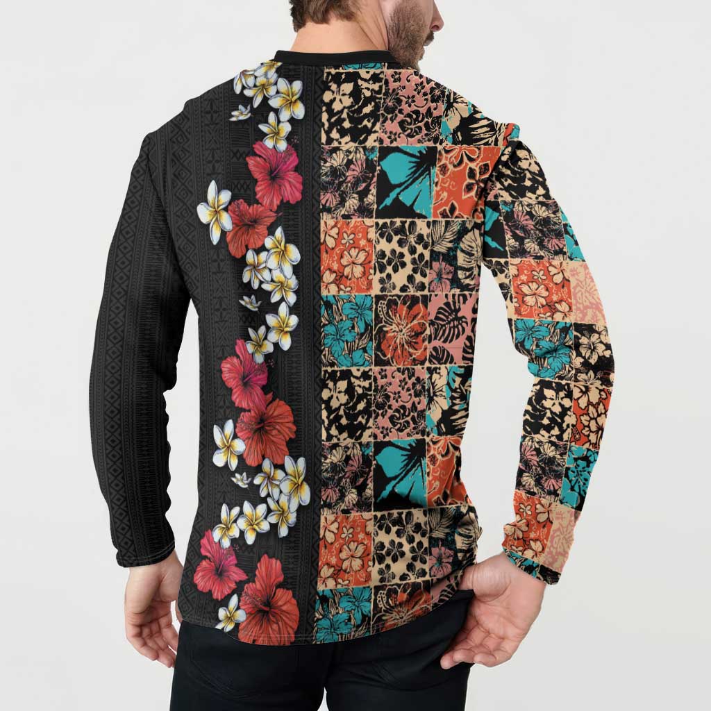 Hawaiian Hibiscus and Tropical Leaves Button Sweatshirt Patchwork Grunge Abstract Vintage Style LT03 - Polynesian Pride