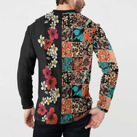 Hawaiian Hibiscus and Tropical Leaves Button Sweatshirt Patchwork Grunge Abstract Vintage Style LT03 - Polynesian Pride
