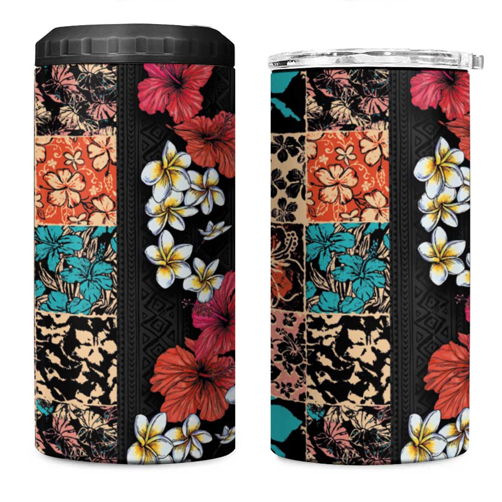 Hawaiian Hibiscus and Tropical Leaves 4 in 1 Can Cooler Tumbler Patchwork Grunge Abstract Vintage Style LT03 One Size: 16 oz Black - Polynesian Pride