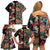 Hawaiian Hibiscus and Tropical Leaves Family Matching Off Shoulder Short Dress and Hawaiian Shirt Patchwork Grunge Abstract Vintage Style