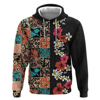 Hawaiian Hibiscus and Tropical Leaves Hoodie Patchwork Grunge Abstract Vintage Style LT03 Pullover Hoodie Black - Polynesian Pride
