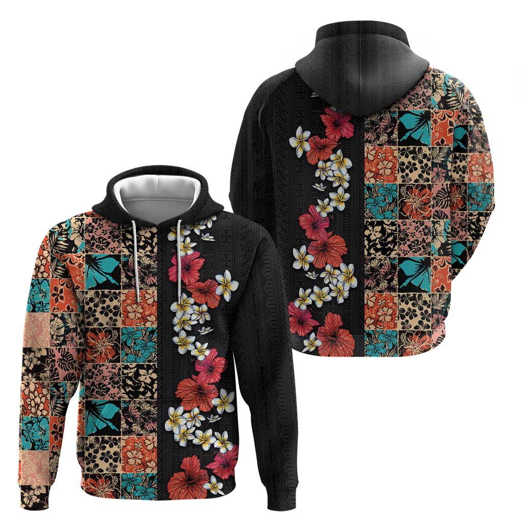 Hawaiian Hibiscus and Tropical Leaves Hoodie Patchwork Grunge Abstract Vintage Style LT03 - Polynesian Pride