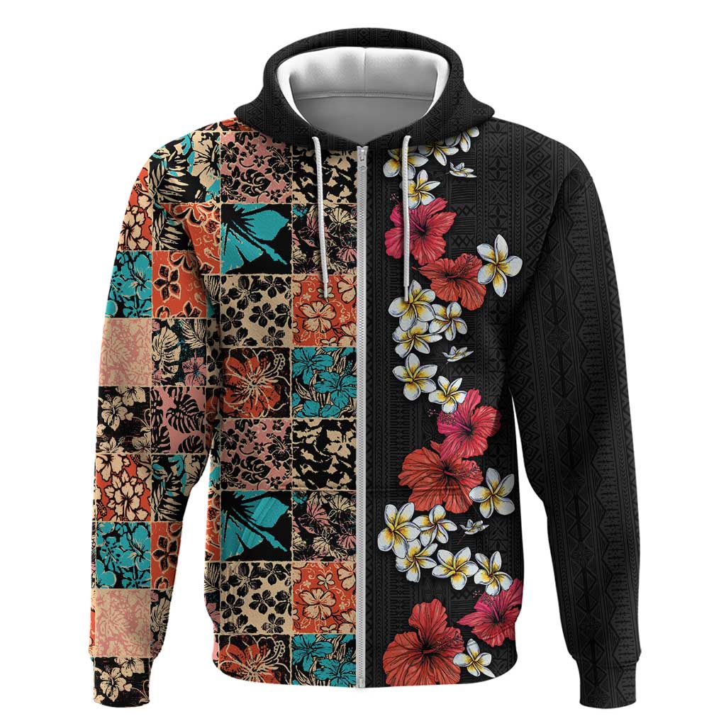 Hawaiian Hibiscus and Tropical Leaves Hoodie Patchwork Grunge Abstract Vintage Style LT03 Zip Hoodie Black - Polynesian Pride