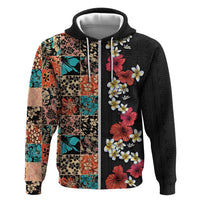 Hawaiian Hibiscus and Tropical Leaves Hoodie Patchwork Grunge Abstract Vintage Style LT03 Zip Hoodie Black - Polynesian Pride