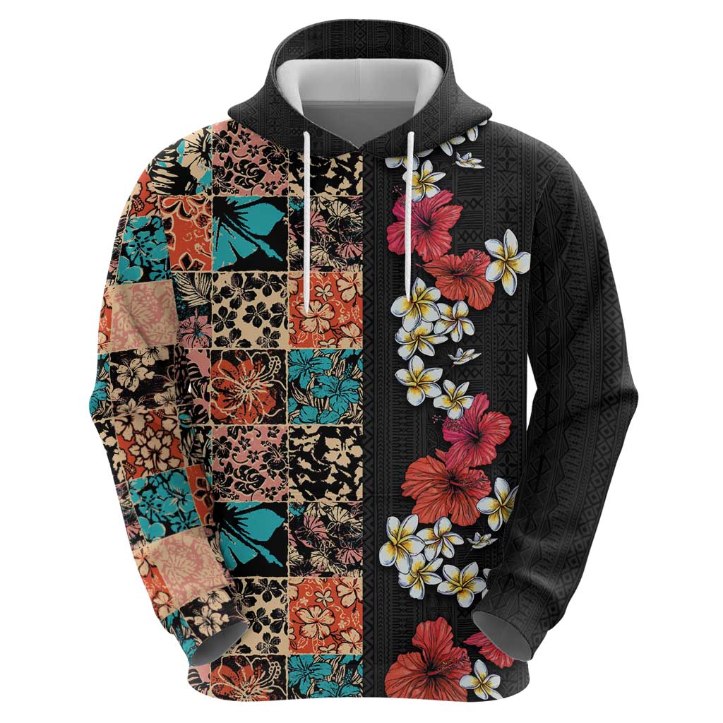 Hawaiian Hibiscus and Tropical Leaves Hoodie Patchwork Grunge Abstract Vintage Style LT03 - Polynesian Pride