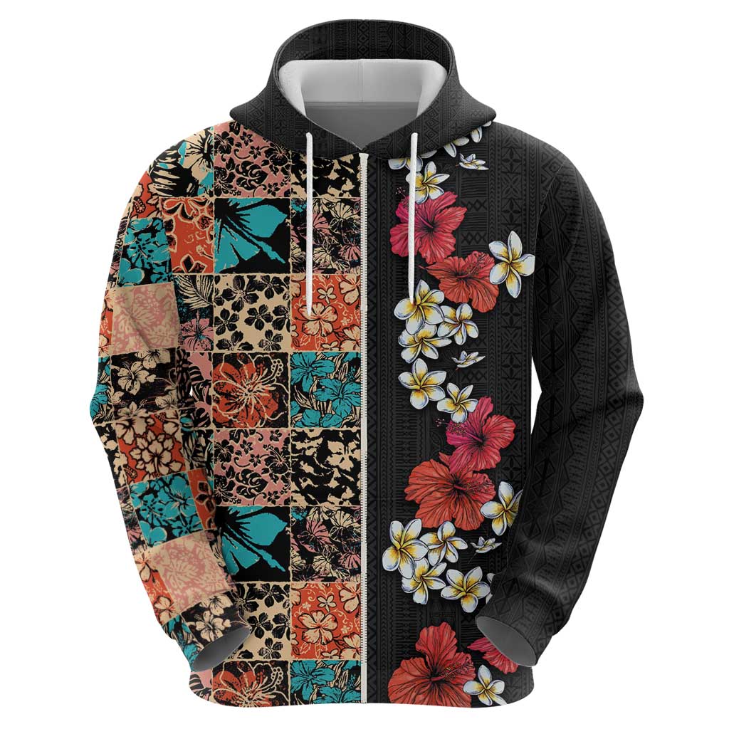 Hawaiian Hibiscus and Tropical Leaves Hoodie Patchwork Grunge Abstract Vintage Style LT03 - Polynesian Pride