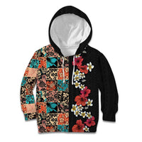Hawaiian Hibiscus and Tropical Leaves Kid Hoodie Patchwork Grunge Abstract Vintage Style LT03 Hoodie Black - Polynesian Pride
