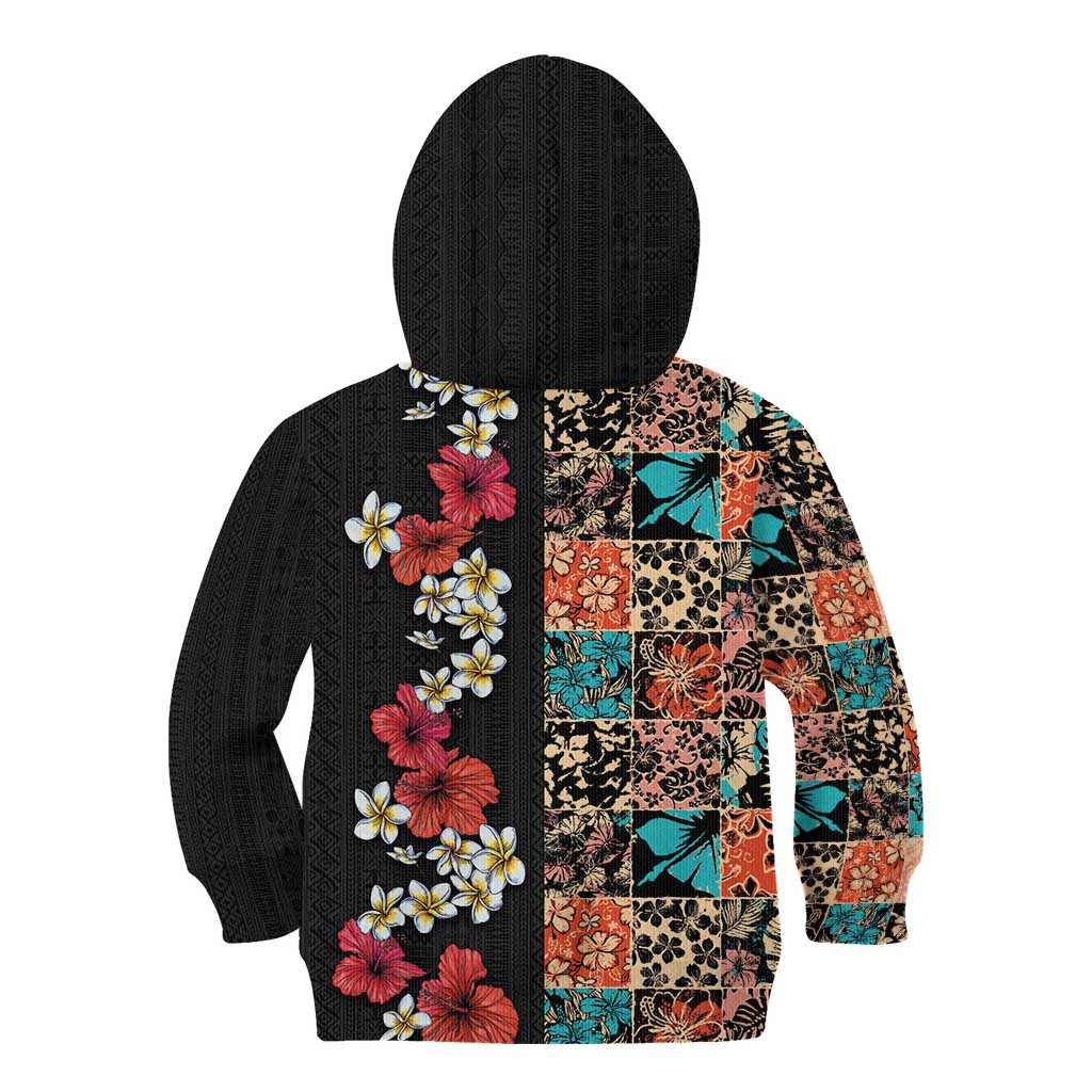 Hawaiian Hibiscus and Tropical Leaves Kid Hoodie Patchwork Grunge Abstract Vintage Style LT03 - Polynesian Pride