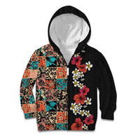 Hawaiian Hibiscus and Tropical Leaves Kid Hoodie Patchwork Grunge Abstract Vintage Style LT03 Zip Hoodie Black - Polynesian Pride