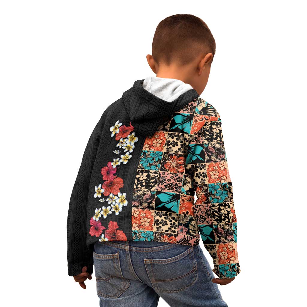 Hawaiian Hibiscus and Tropical Leaves Kid Hoodie Patchwork Grunge Abstract Vintage Style LT03 - Polynesian Pride