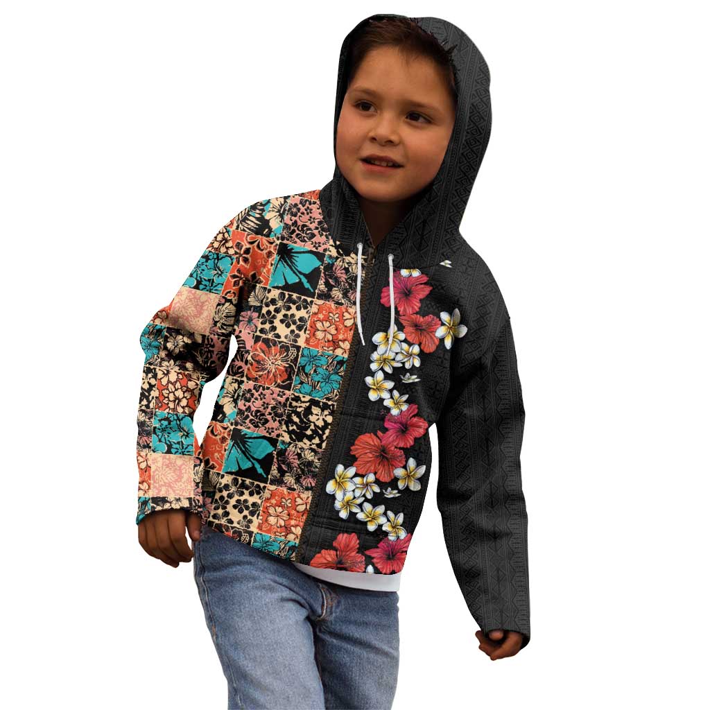 Hawaiian Hibiscus and Tropical Leaves Kid Hoodie Patchwork Grunge Abstract Vintage Style LT03 - Polynesian Pride