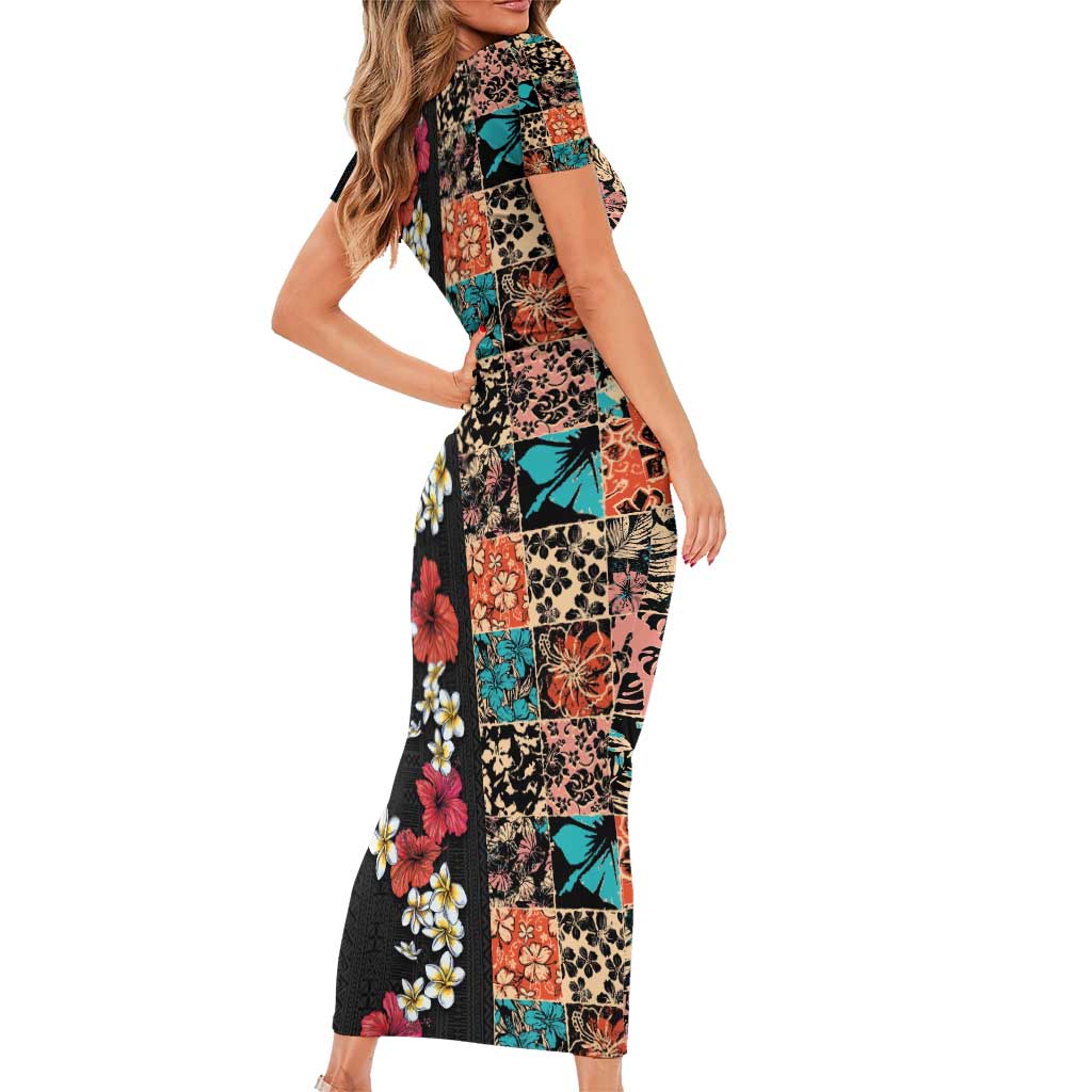 Hawaiian Hibiscus and Tropical Leaves Short Sleeve Bodycon Dress Patchwork Grunge Abstract Vintage Style LT03 - Polynesian Pride