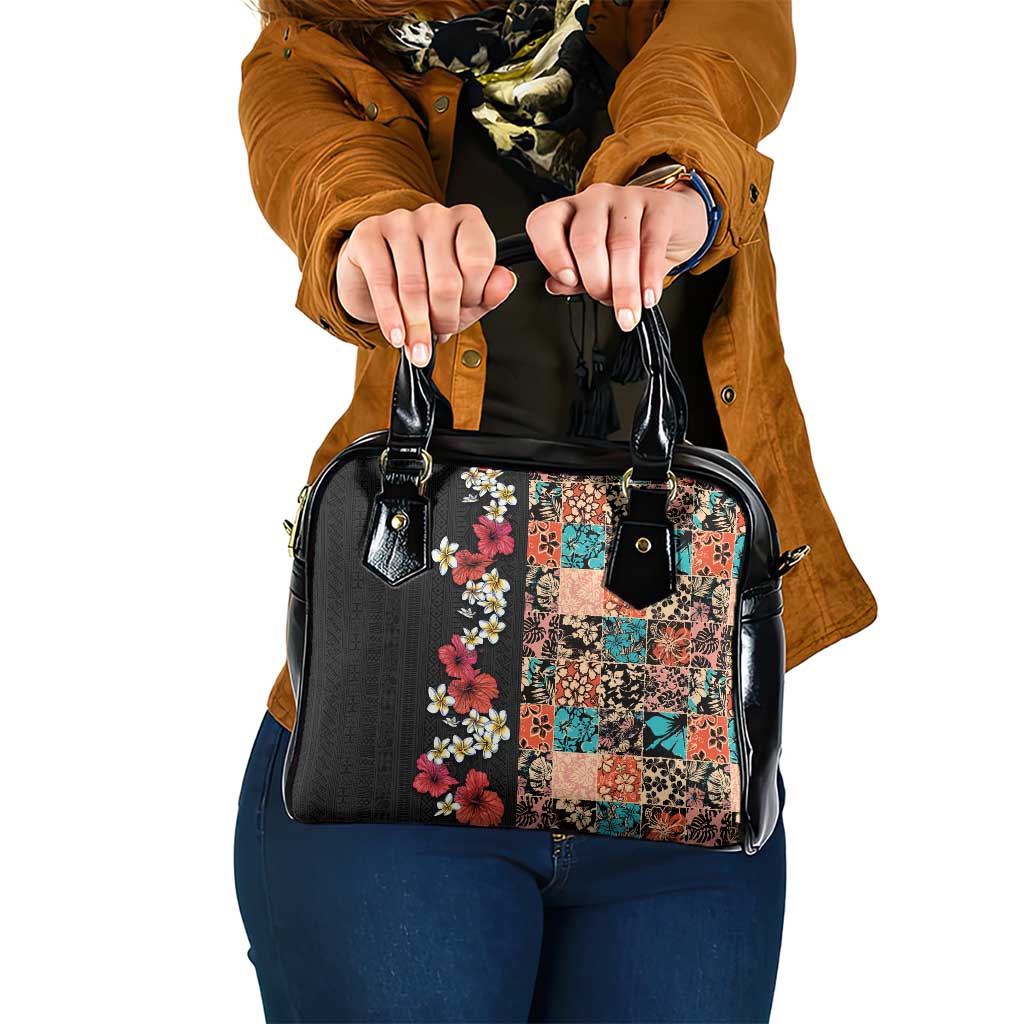 Hawaiian Hibiscus and Tropical Leaves Shoulder Handbag Patchwork Grunge Abstract Vintage Style LT03 One Size Black - Polynesian Pride