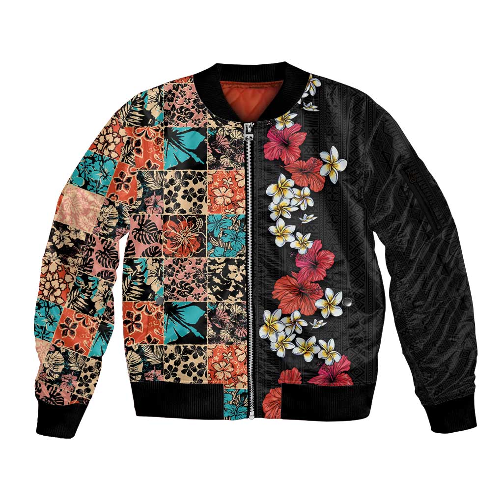 Hawaiian Hibiscus and Tropical Leaves Sleeve Zip Bomber Jacket Patchwork Grunge Abstract Vintage Style LT03 Unisex Black - Polynesian Pride