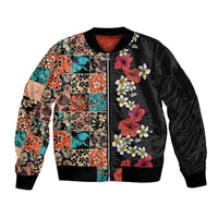 Hawaiian Hibiscus and Tropical Leaves Sleeve Zip Bomber Jacket Patchwork Grunge Abstract Vintage Style LT03 Unisex Black - Polynesian Pride