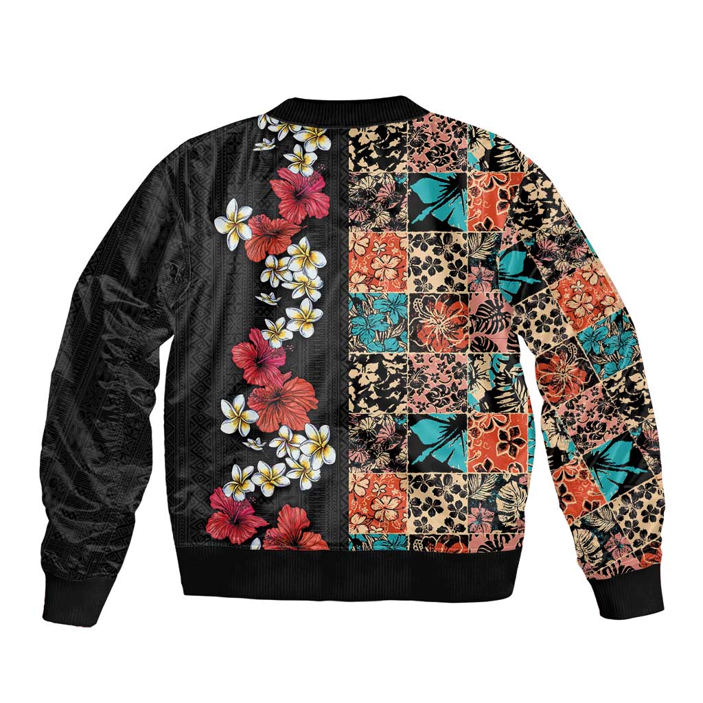 Hawaiian Hibiscus and Tropical Leaves Sleeve Zip Bomber Jacket Patchwork Grunge Abstract Vintage Style LT03 - Polynesian Pride